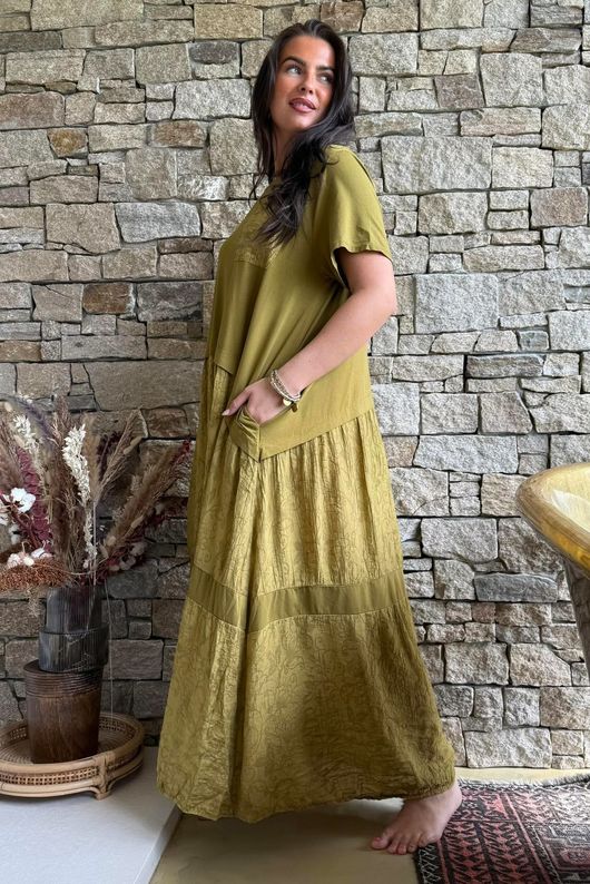 Tasha Damask T Shirt Maxi Dress Deep Olive